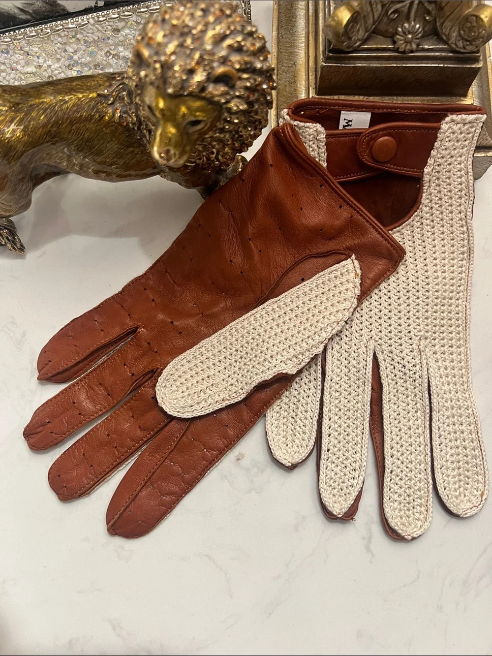 Unisex Maus&Hoffman soft Leather and Cream Knit Driving Gloves made in Italy 🇮🇹